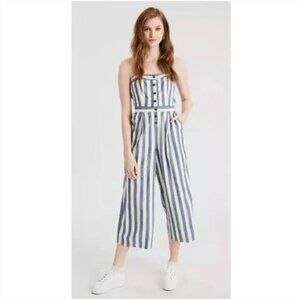 American Eagle Womens Striped Linen Blend Wide Leg Cropped Jumpsuit-Size M
